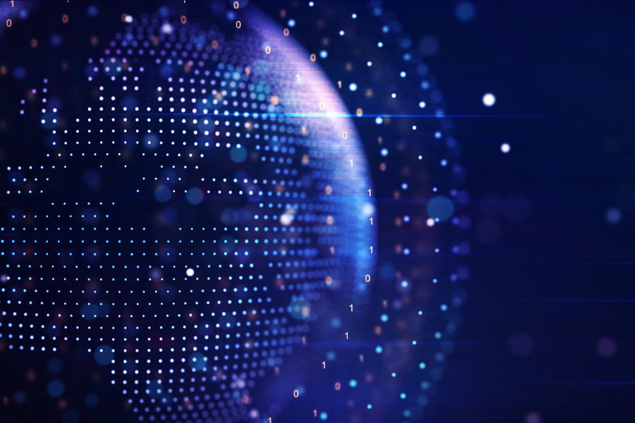 Abstract digital globe with data points suggesting global transformation and connectivity.
